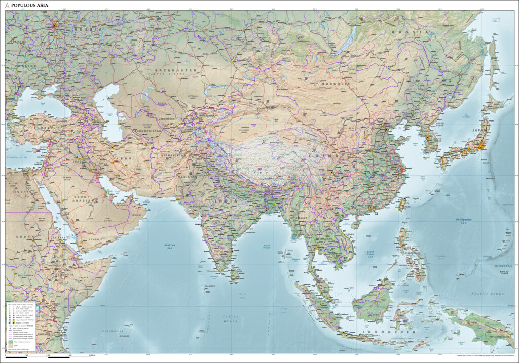 Physical and political map of Asia spanning the Indian Ocean to the Pacific