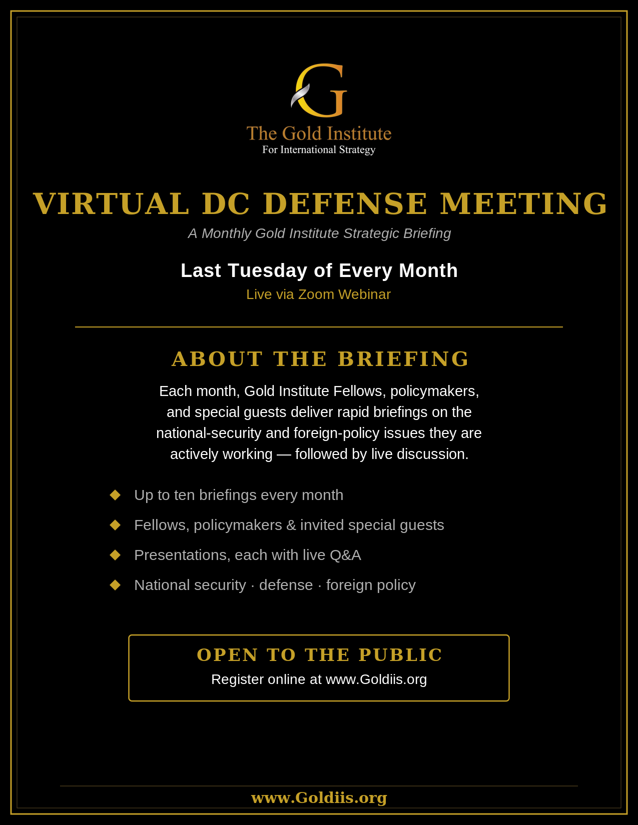Virtual DC Defense Meeting — a monthly Gold Institute strategic briefing, last Tuesday of every month, live via Zoom