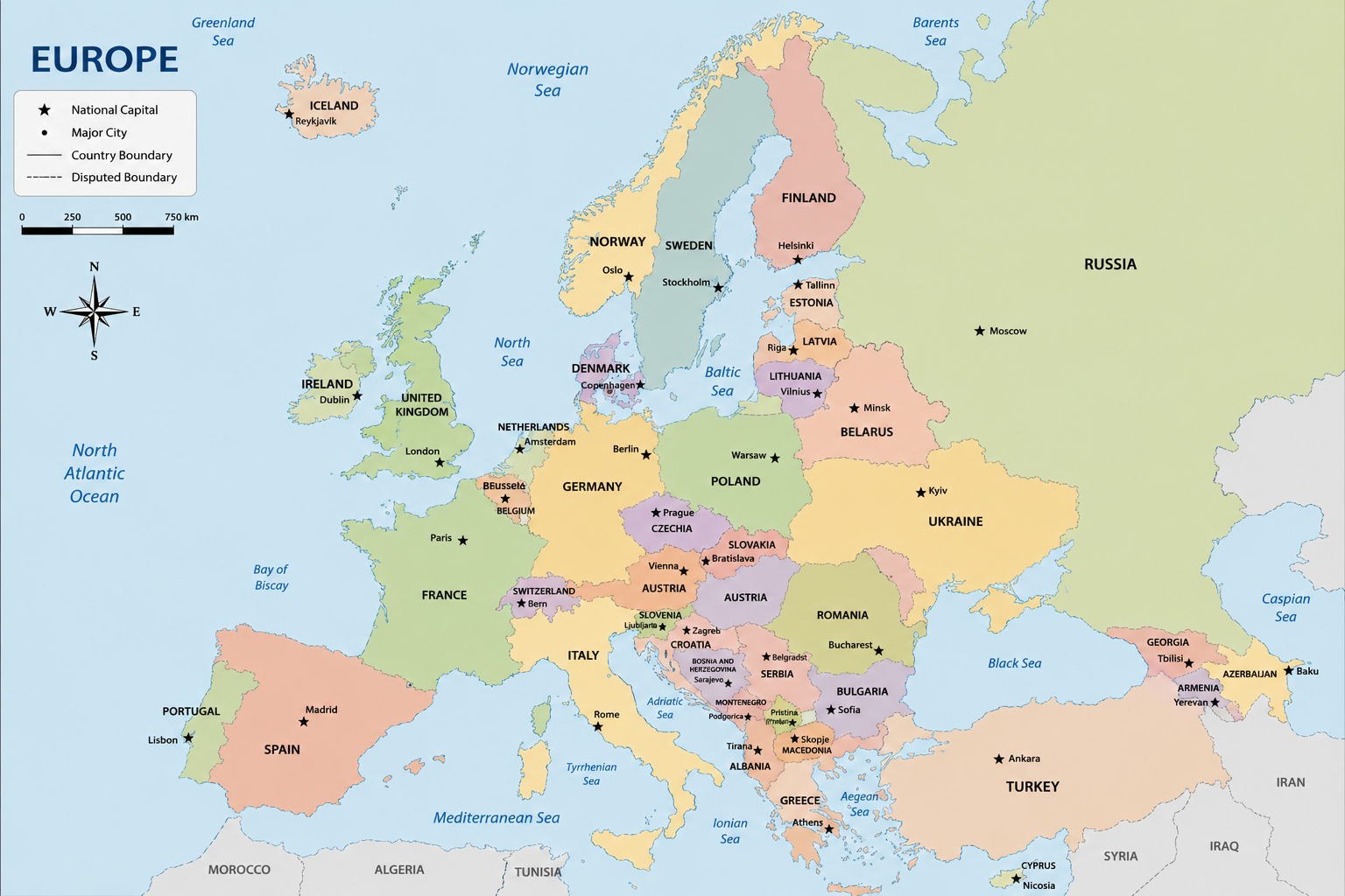 Map of Europe illustrating the continent's defense and security landscape