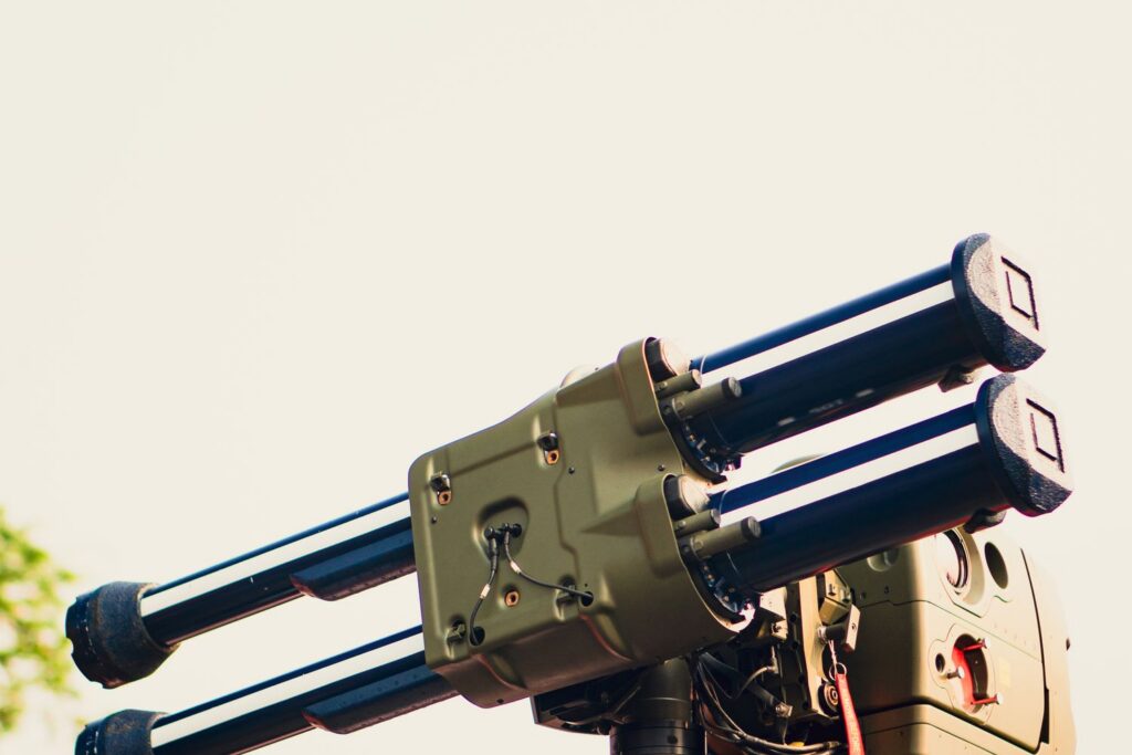 Close-up of military equipment mounted on a defense vehicle