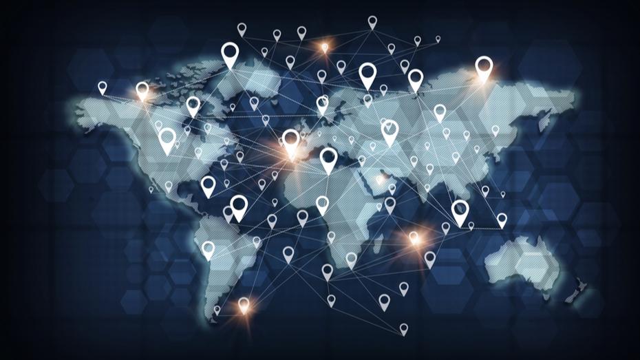 World map with interconnected nodes representing a global security network
