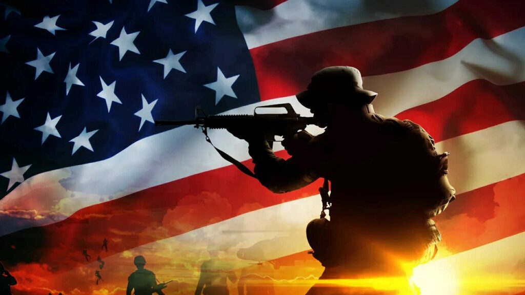 Frontlines of Freedom podcast cover art: a U.S. soldier silhouetted against an American flag at sunset