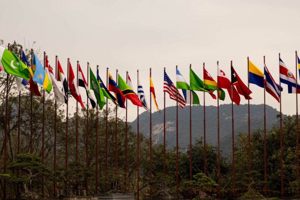 A display of various national flags on flagpoles
