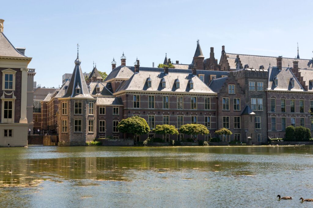 View of the Binnenhof and Hofvijver, seat of the Dutch parliament in The Hague