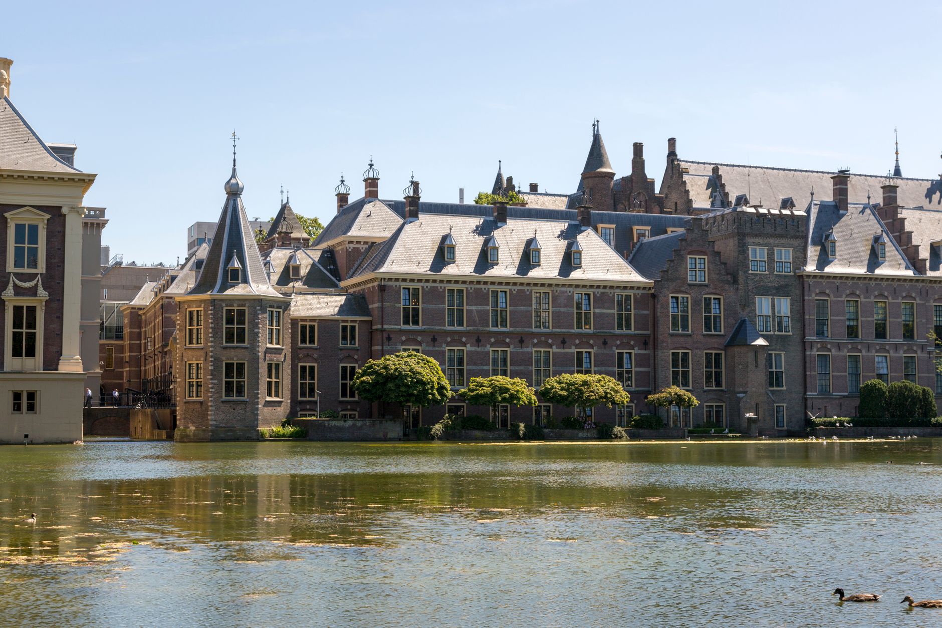 View of the Binnenhof and Hofvijver, seat of the Dutch parliament in The Hague