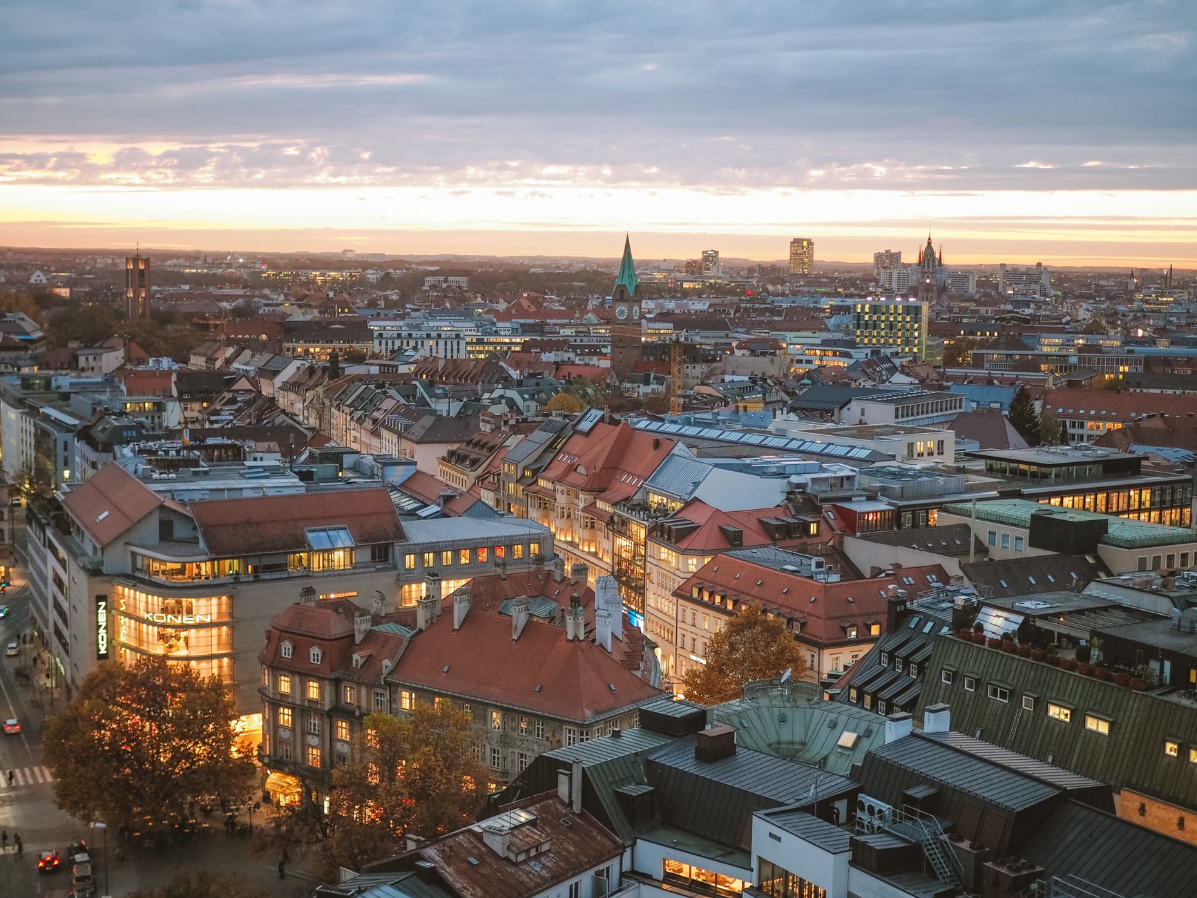 Aerial view of Munich, Germany at sunset