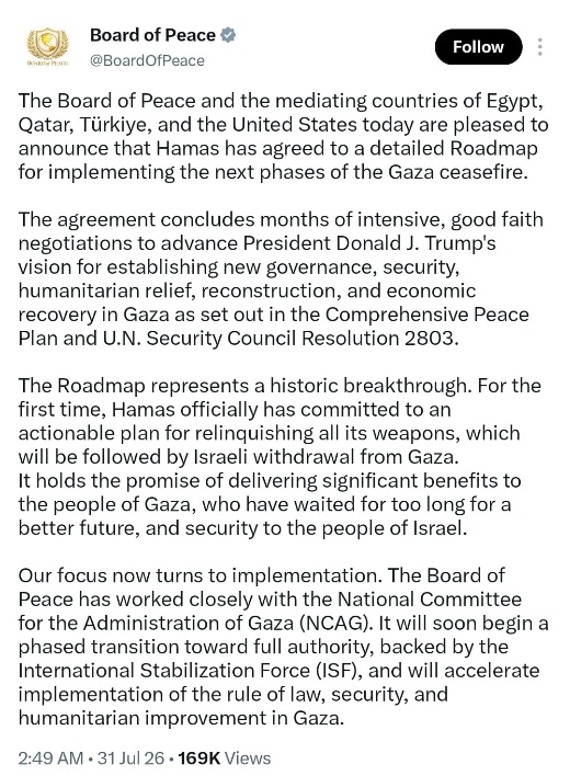 Screenshot of a tweet from @BoardOfPeace announcing a roadmap agreement with Hamas on disarmament and Israeli withdrawal from Gaza