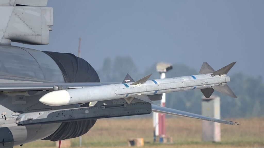 Close-up of a missile mounted on a military aircraft