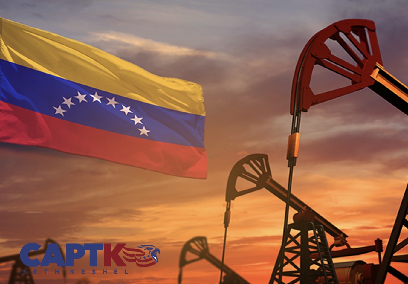 The flag of Venezuela flying above oil pumpjacks at sunset