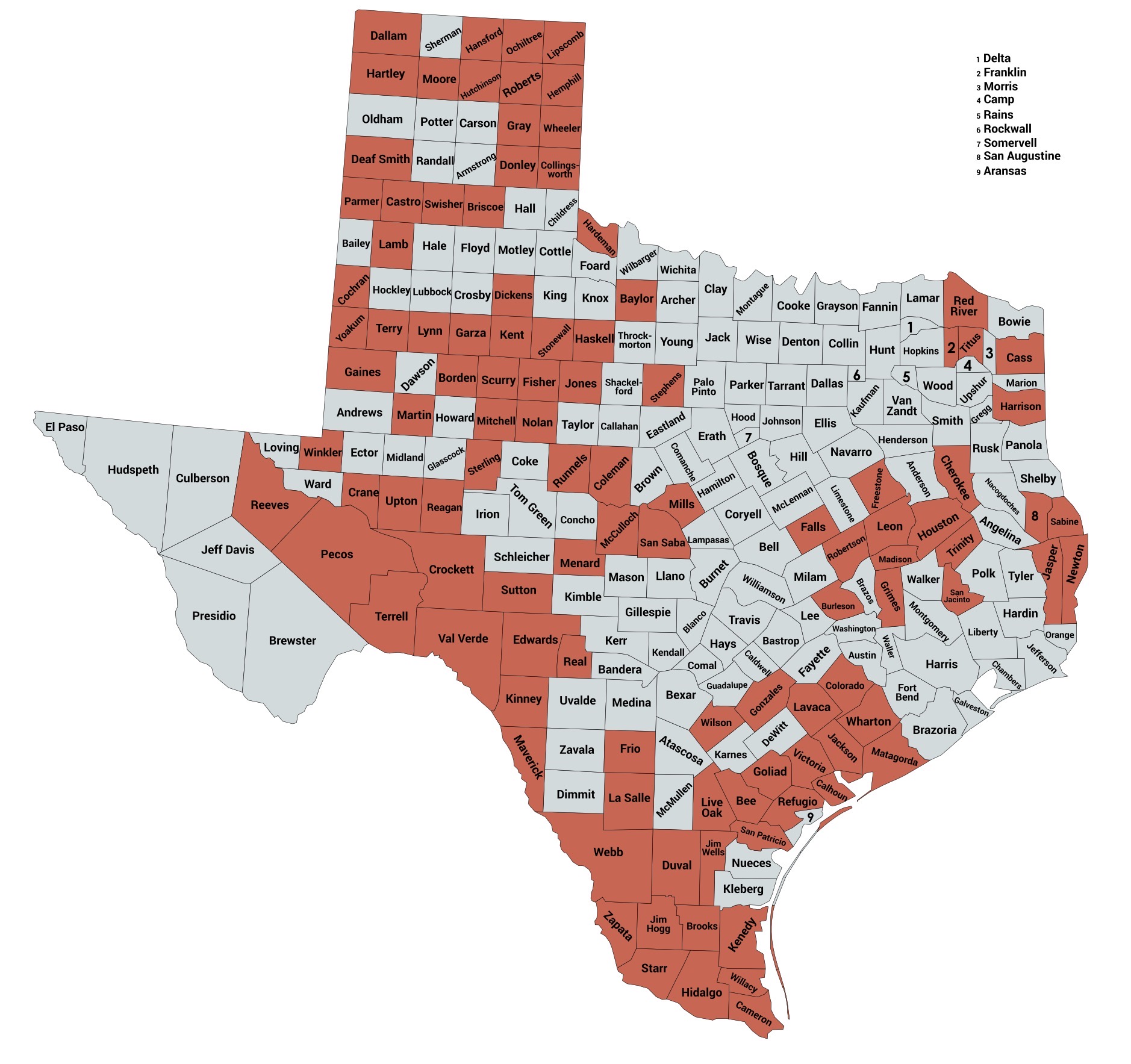 Map of Texas counties that shifted Republican from the 2016 presidential election to the 2018 Senate election