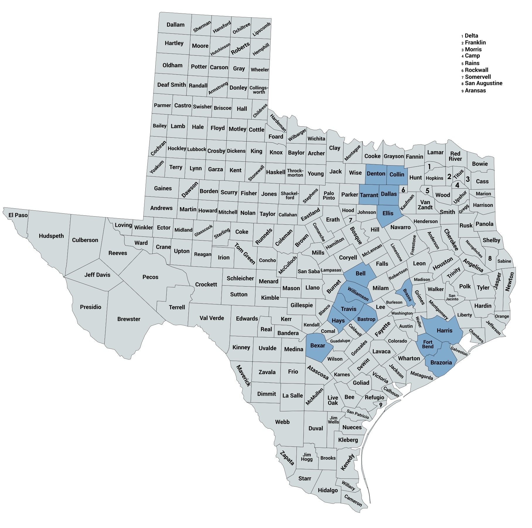 Map of the 15 Texas counties given 2018 turnout levels in Keshel's model