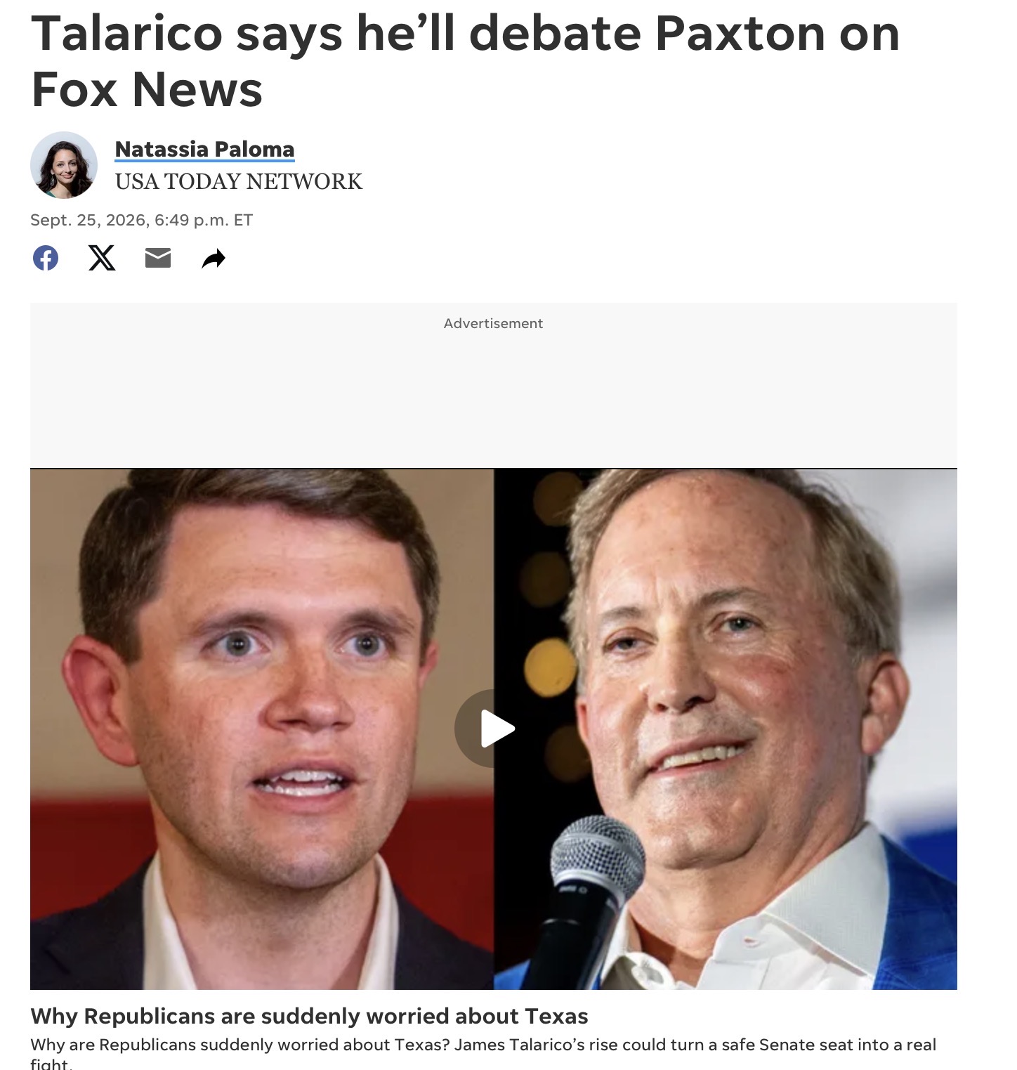 Headline: Talarico says he'd debate Paxton on Fox News