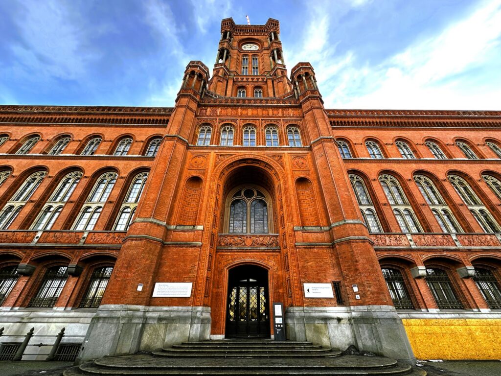 Majestic view of Berlin's Rotes Rathaus showcasing historic red brick architecture.