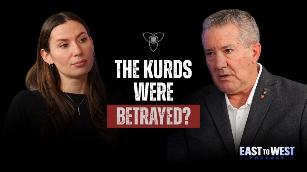 East to West Podcast thumbnail: The Kurds Were Betrayed?, with host Sarah Martinez Amir and Ernie Audino