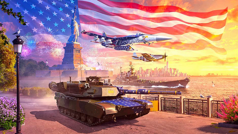 Illustration of a flag-painted tank, a warship and fighter jets before the Statue of Liberty and the American flag, marked 1776-2026
