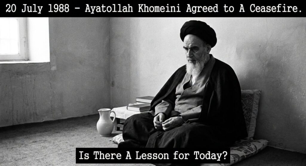 Ayatollah Khomeini seated on the floor of a bare room, captioned "20 July 1988 - Ayatollah Khomeini Agreed to A Ceasefire. Is There A Lesson for Today?"