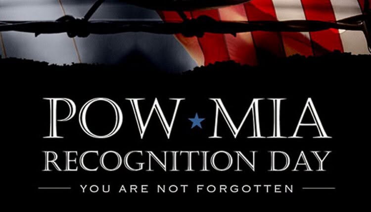 "POW MIA Recognition Day: You Are Not Forgotten" graphic with barbed wire and the American flag