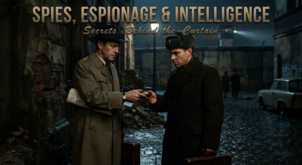 Spies, Espionage & Intelligence: two men in overcoats exchange a package on a dark street