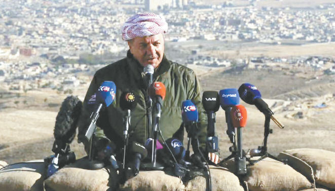 President Masoud Barzani at a press conference overlooking Sinjar, November 13, 2015