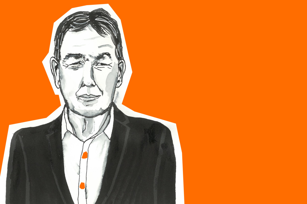Ink illustration of Derk Jan Eppink on an orange background
