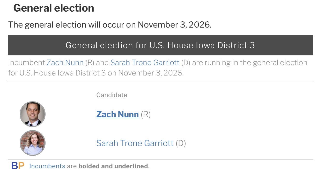 Zach Nunn (R) and Sarah Trone Garriott (D), the candidates in Iowa's 3rd Congressional District