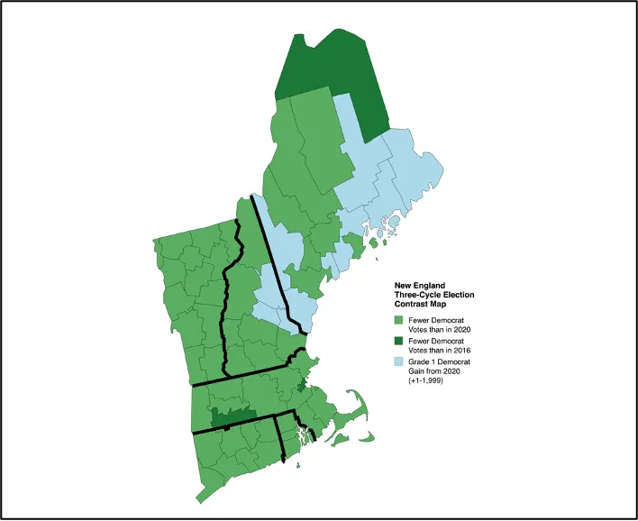Where Democrats added votes in ME-2 from 2020 to 2024