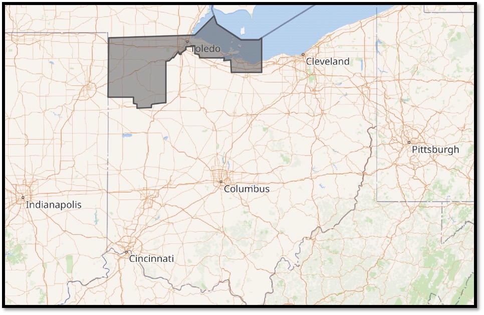 Map of the redrawn Ohio 9th Congressional District in northwest Ohio