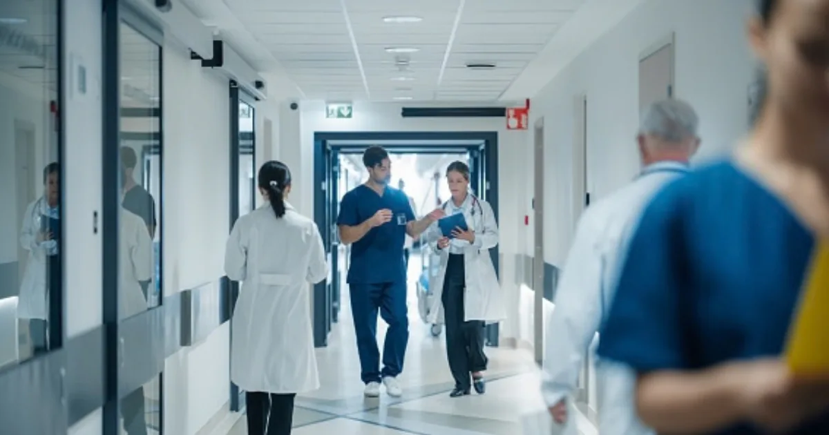 Doctors and nurses walking through a hospital hallway